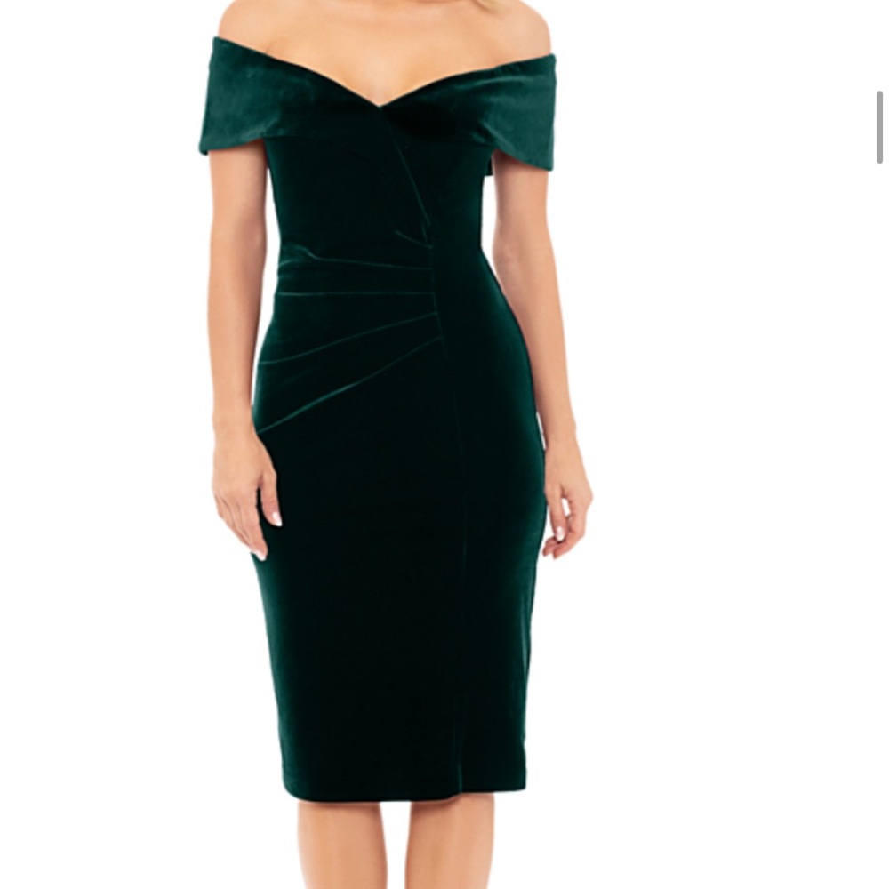 Xscape Off-Shoulder Dark Green Velvet Mini Dress